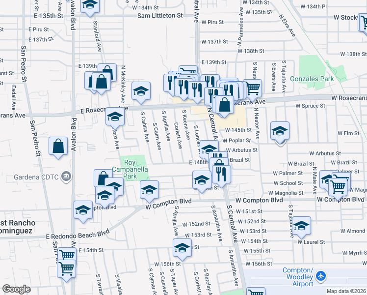 map of restaurants, bars, coffee shops, grocery stores, and more near 14528 Corlett Avenue in Compton