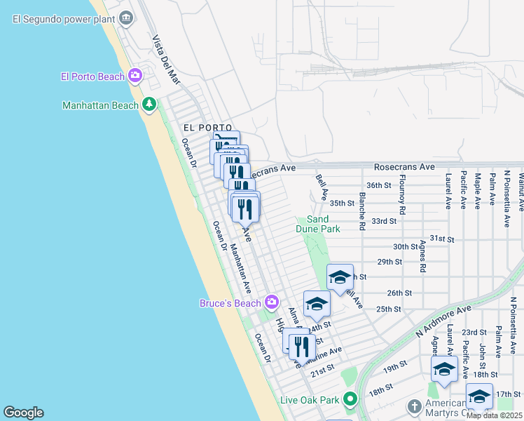map of restaurants, bars, coffee shops, grocery stores, and more near 3405 Vista Drive in Manhattan Beach