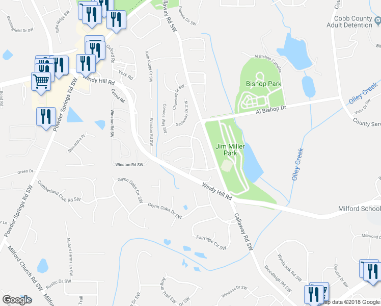 map of restaurants, bars, coffee shops, grocery stores, and more near 2126 Cumberland Creek Trail Southwest in Marietta