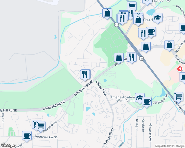 map of restaurants, bars, coffee shops, grocery stores, and more near 2121 Windy Hill Road Southeast in Smyrna