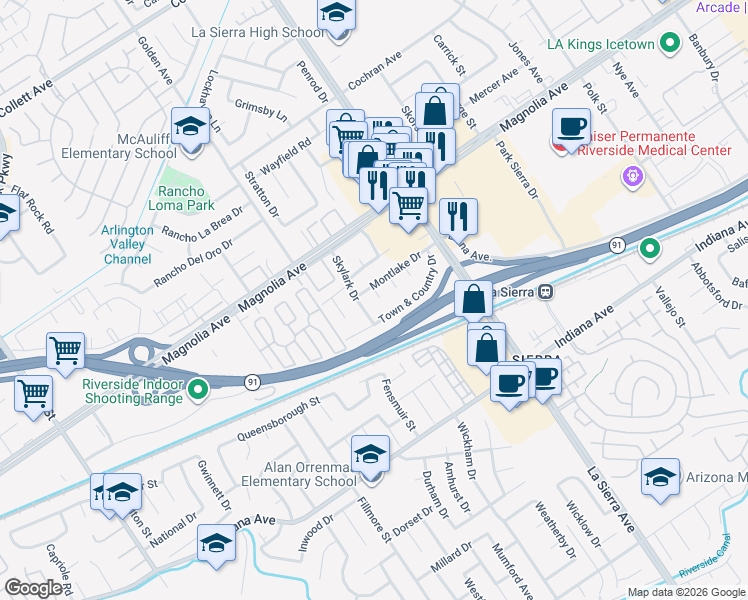 map of restaurants, bars, coffee shops, grocery stores, and more near 3670 Upper Terrace Drive in Riverside