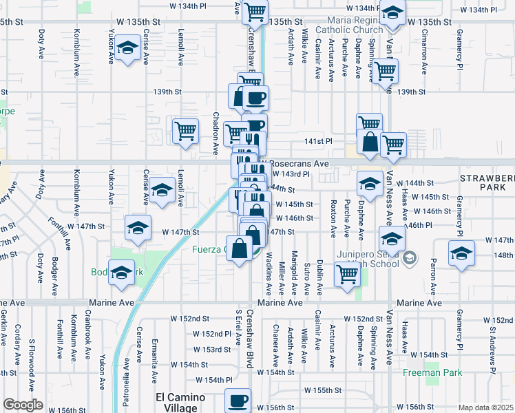 map of restaurants, bars, coffee shops, grocery stores, and more near 14516 Crenshaw Boulevard in Gardena