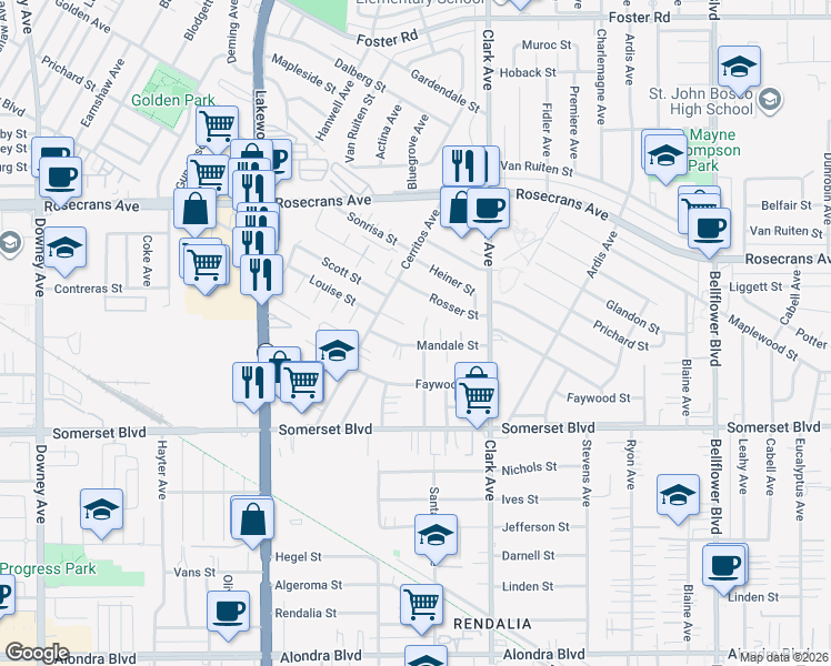 map of restaurants, bars, coffee shops, grocery stores, and more near 14621 Liblen Avenue in Bellflower