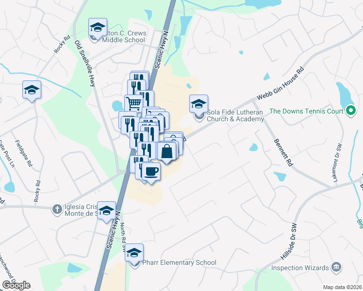 map of restaurants, bars, coffee shops, grocery stores, and more near 1327 Cotton Creek Drive in Lawrenceville