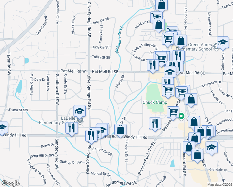 map of restaurants, bars, coffee shops, grocery stores, and more near 2199 Wakita Drive in Marietta