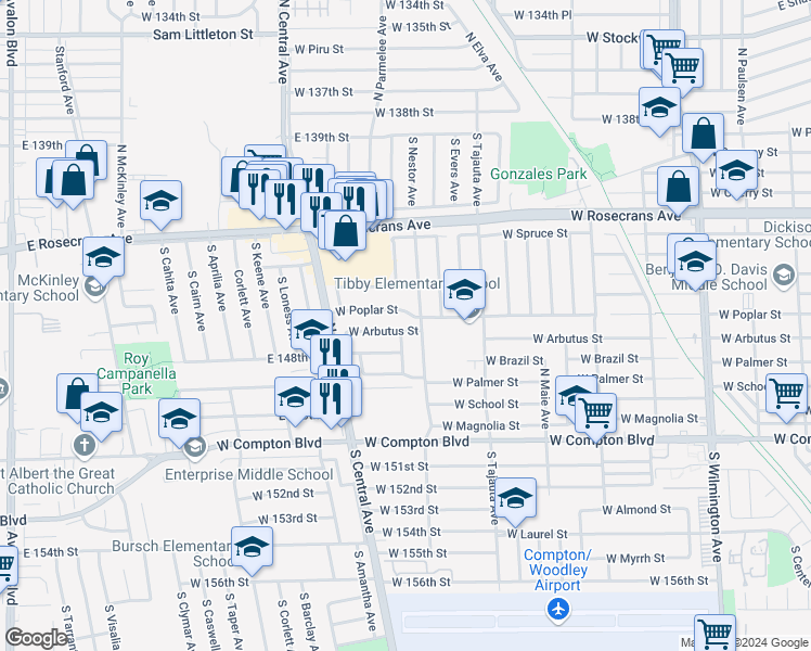 map of restaurants, bars, coffee shops, grocery stores, and more near 1509 West Arbutus Street in Compton