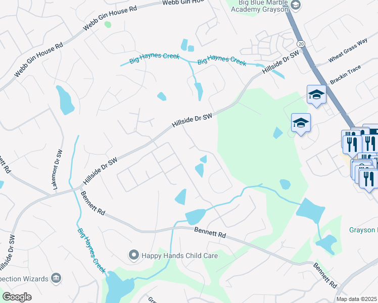 map of restaurants, bars, coffee shops, grocery stores, and more near 828 Cooper Lakes Court in Grayson