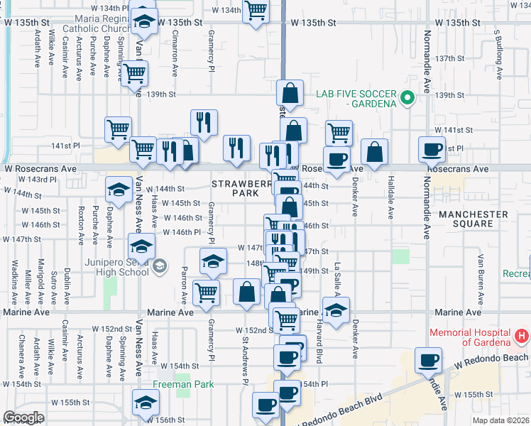 map of restaurants, bars, coffee shops, grocery stores, and more near 14501 South Western Avenue in Gardena
