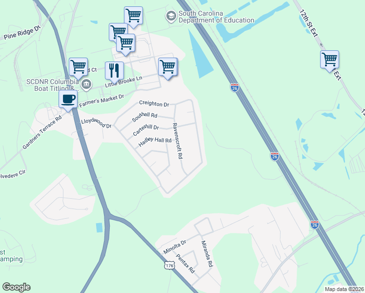 map of restaurants, bars, coffee shops, grocery stores, and more near 427 Ravenscroft Road in West Columbia