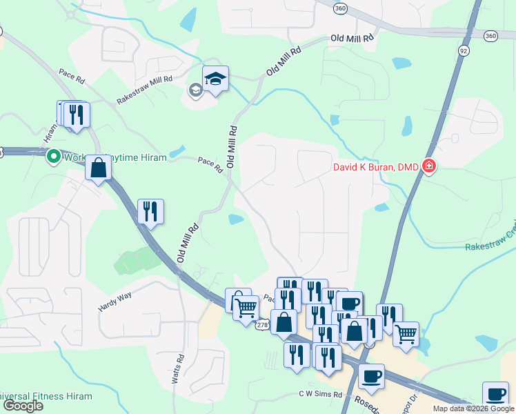 map of restaurants, bars, coffee shops, grocery stores, and more near 20 5 Oaks Drive in Hiram