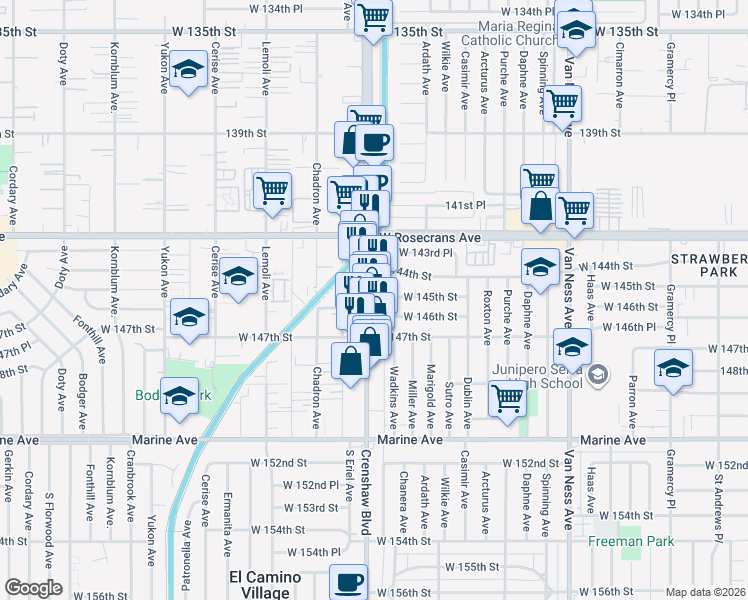 map of restaurants, bars, coffee shops, grocery stores, and more near 14516 Crenshaw Boulevard in Gardena