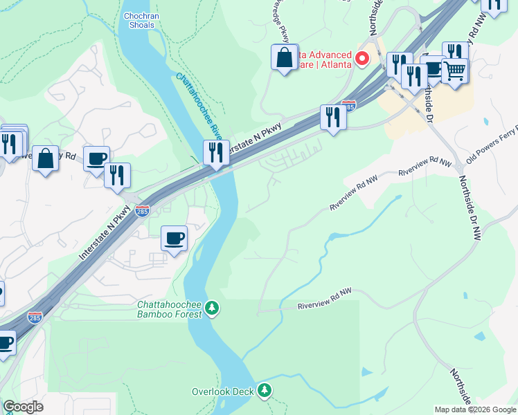 map of restaurants, bars, coffee shops, grocery stores, and more near 329 Riversedge Drive in Atlanta