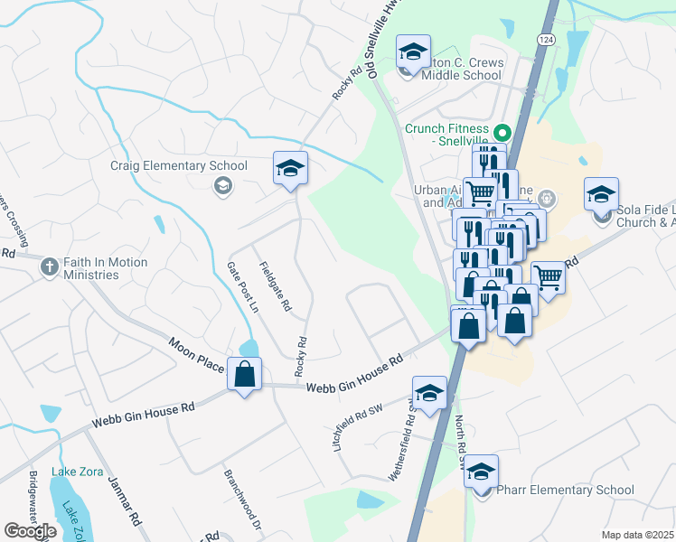 map of restaurants, bars, coffee shops, grocery stores, and more near 869 Gate Post Lane in Lawrenceville