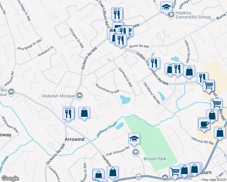 map of restaurants, bars, coffee shops, grocery stores, and more near 5190 Rosestone Drive Northwest in Lilburn