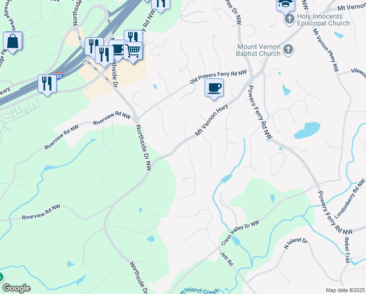 map of restaurants, bars, coffee shops, grocery stores, and more near 5284 Vernon Springs Trail Northwest in Sandy Springs