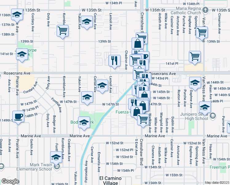 map of restaurants, bars, coffee shops, grocery stores, and more near 14476 Arbor Lane in Hawthorne