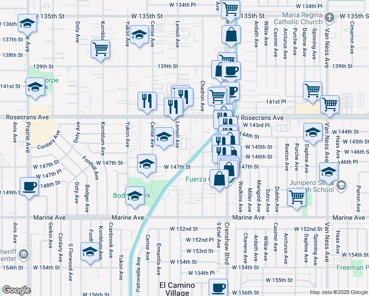 map of restaurants, bars, coffee shops, grocery stores, and more near 14456 Cottage Lane in Hawthorne