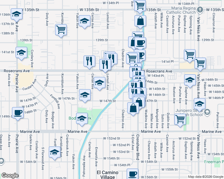 map of restaurants, bars, coffee shops, grocery stores, and more near 3252 Park Lane in Hawthorne