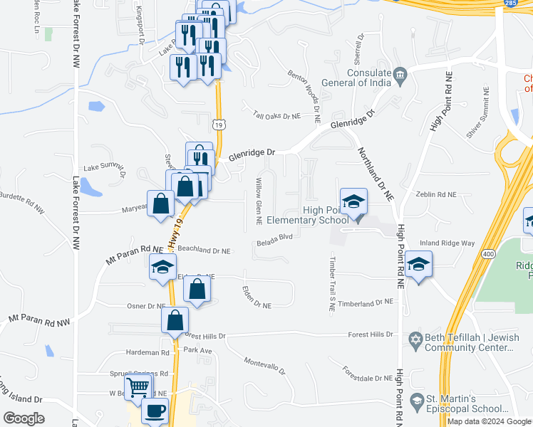 map of restaurants, bars, coffee shops, grocery stores, and more near 49 Willow Glen Northeast in Atlanta