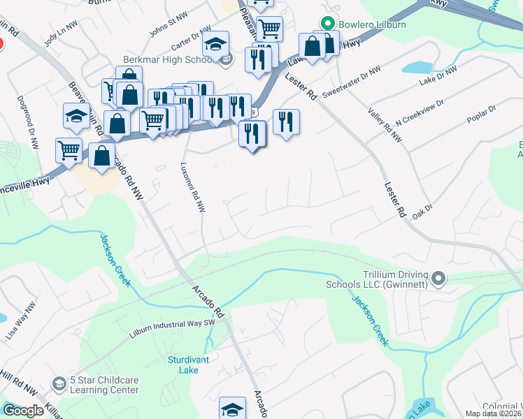 map of restaurants, bars, coffee shops, grocery stores, and more near 3979 Courtlin Cove Northwest in Lilburn