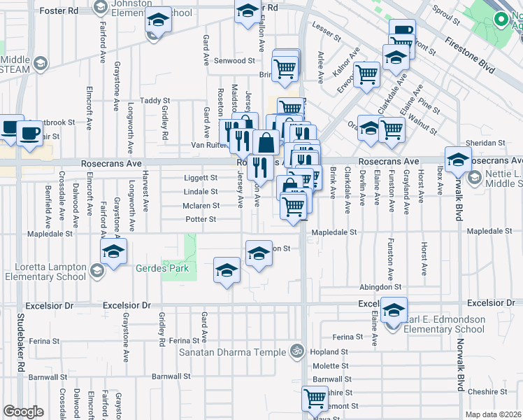 map of restaurants, bars, coffee shops, grocery stores, and more near 14407 Alburtis Avenue in Norwalk