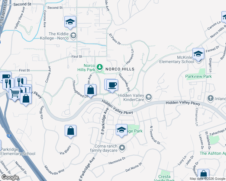 map of restaurants, bars, coffee shops, grocery stores, and more near 861 Thoroughbred Lane in Norco