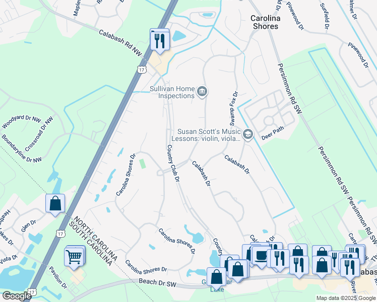map of restaurants, bars, coffee shops, grocery stores, and more near 5 Carolina Shores Parkway in Carolina Shores