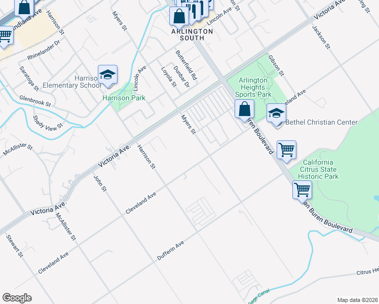 map of restaurants, bars, coffee shops, grocery stores, and more near 2680 Myers Street in Riverside