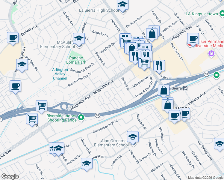 map of restaurants, bars, coffee shops, grocery stores, and more near 11300 Magnolia Avenue in Riverside