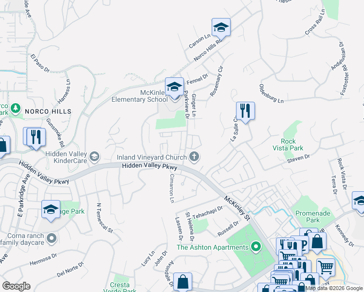 map of restaurants, bars, coffee shops, grocery stores, and more near 1020 Vista Del Cerro Drive in Corona