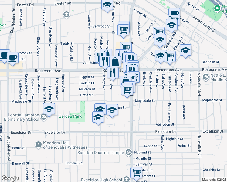 map of restaurants, bars, coffee shops, grocery stores, and more near 14407 Alburtis Avenue in Norwalk