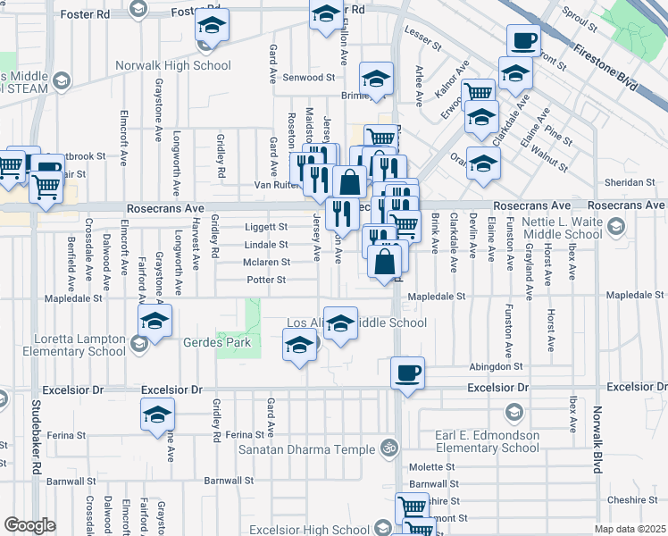 map of restaurants, bars, coffee shops, grocery stores, and more near 14408 Jersey Avenue in Norwalk