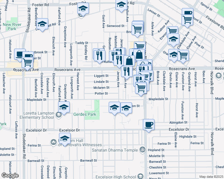 map of restaurants, bars, coffee shops, grocery stores, and more near 11533 Mclaren Street in Norwalk