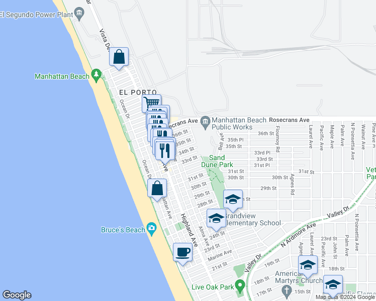 map of restaurants, bars, coffee shops, grocery stores, and more near 469 34th Street in Manhattan Beach