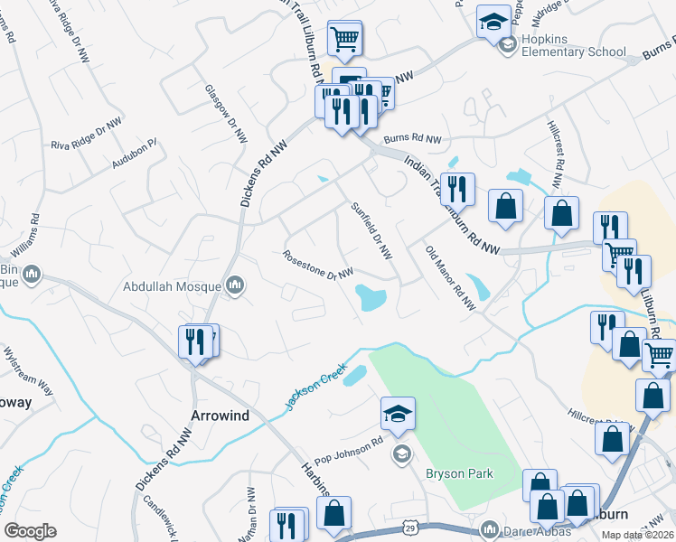 map of restaurants, bars, coffee shops, grocery stores, and more near 5190 Rosestone Drive Northwest in Lilburn