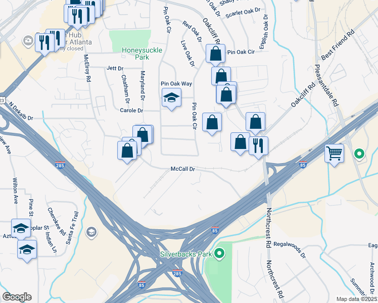map of restaurants, bars, coffee shops, grocery stores, and more near 3179 Little John Way in Doraville