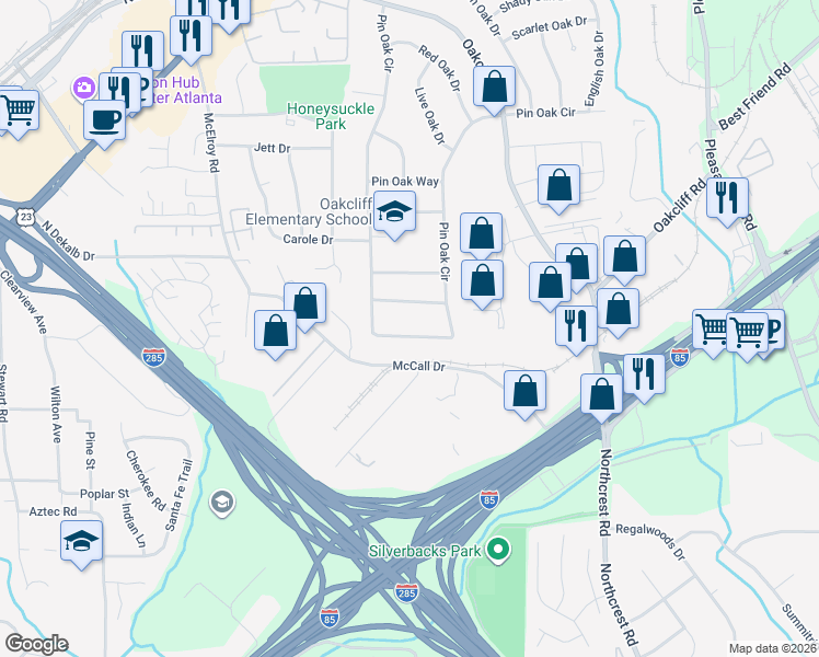 map of restaurants, bars, coffee shops, grocery stores, and more near 3647 Pin Oak Circle in Doraville
