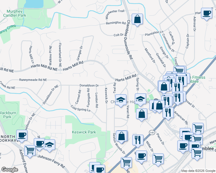 map of restaurants, bars, coffee shops, grocery stores, and more near 3888 Donaldson Drive in Chamblee