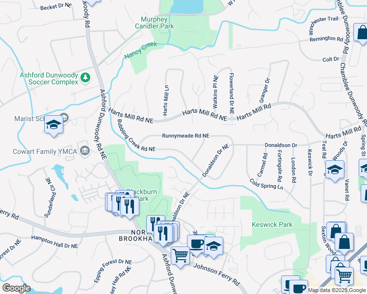 map of restaurants, bars, coffee shops, grocery stores, and more near 1560 Bubbling Creek Road Northeast in Atlanta