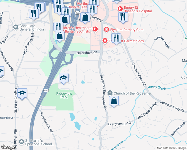 map of restaurants, bars, coffee shops, grocery stores, and more near 1005 West Kingston Drive Northeast in Atlanta