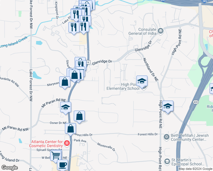 map of restaurants, bars, coffee shops, grocery stores, and more near 5305 Green Hill Place Northeast in Atlanta