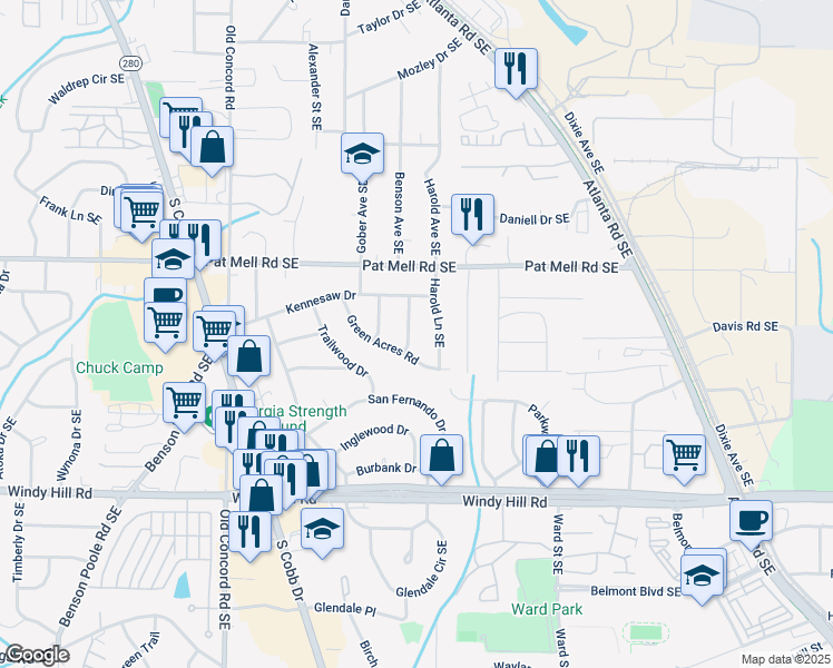 map of restaurants, bars, coffee shops, grocery stores, and more near 2191 Fairfield Street in Smyrna