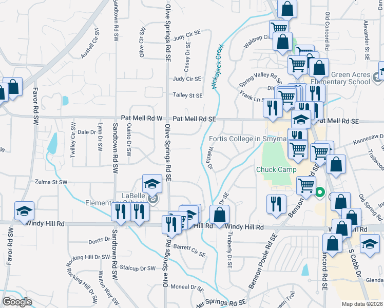 map of restaurants, bars, coffee shops, grocery stores, and more near 56 Olive Lane Southeast in Marietta