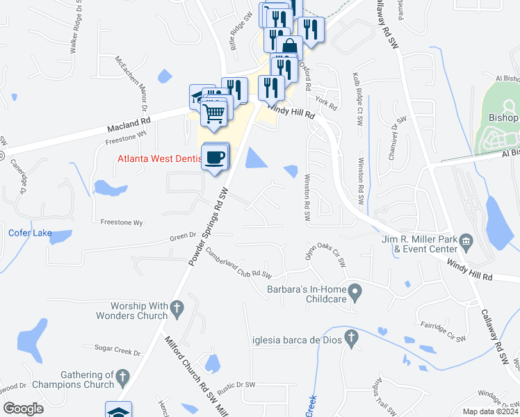 map of restaurants, bars, coffee shops, grocery stores, and more near 2155 Brandon Lee Drive Southwest in Marietta