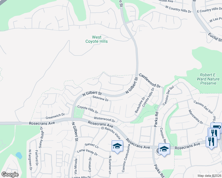 map of restaurants, bars, coffee shops, grocery stores, and more near 1842 Chantilly Lane in Fullerton