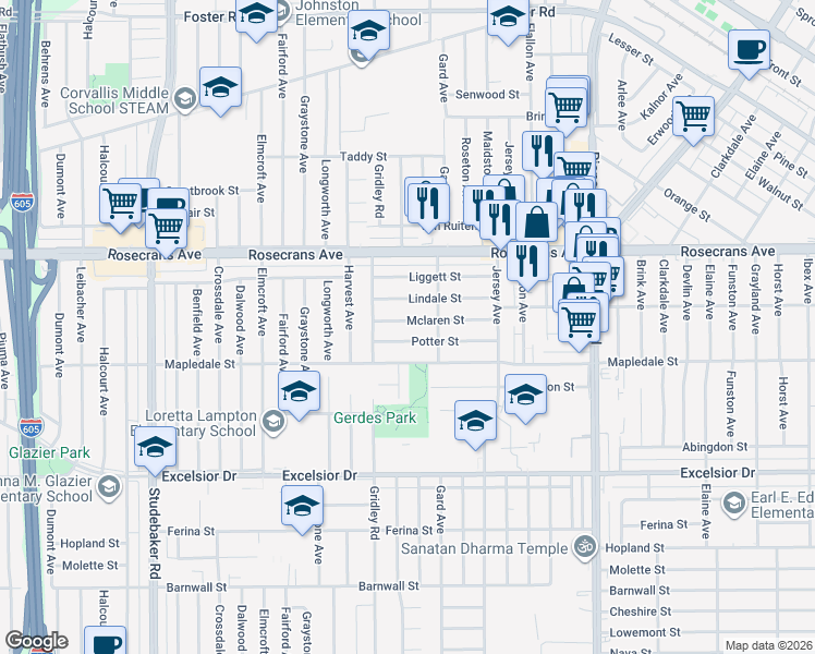 map of restaurants, bars, coffee shops, grocery stores, and more near 11421 Mclaren Street in Norwalk