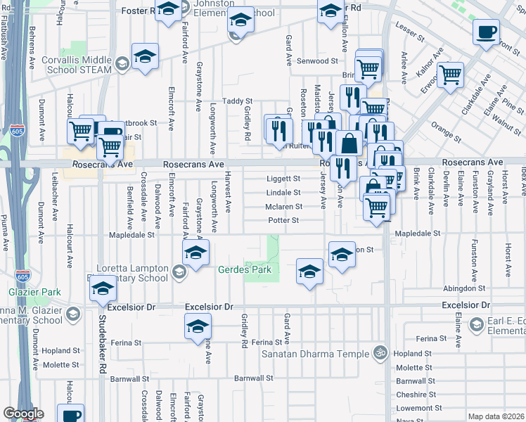 map of restaurants, bars, coffee shops, grocery stores, and more near 11421 Mclaren Street in Norwalk