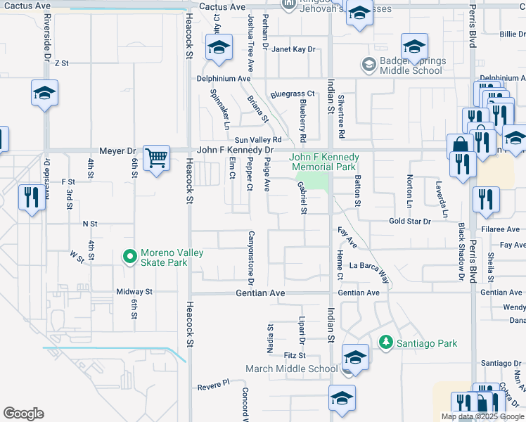 map of restaurants, bars, coffee shops, grocery stores, and more near 15207 Paige Avenue in Moreno Valley