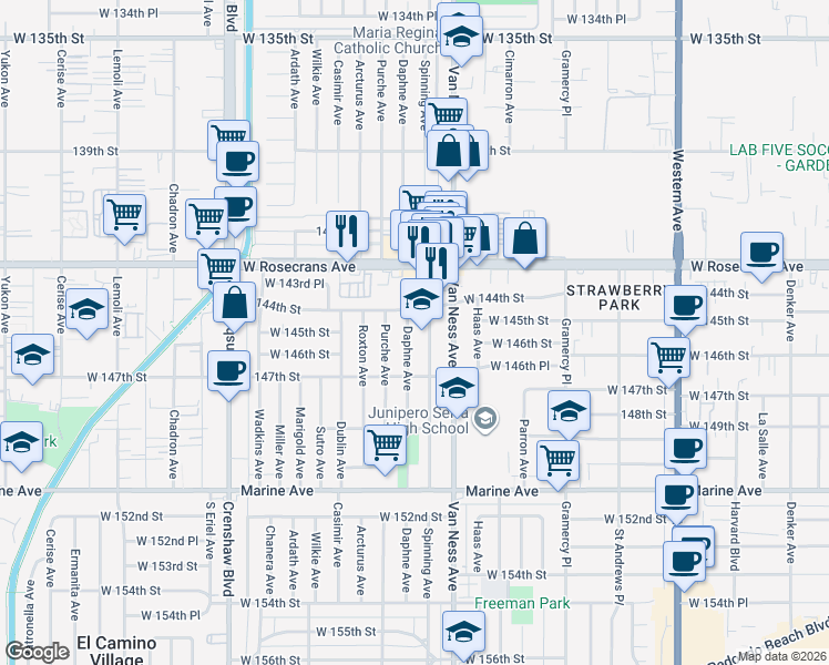 map of restaurants, bars, coffee shops, grocery stores, and more near 14502 Daphne Avenue in Gardena