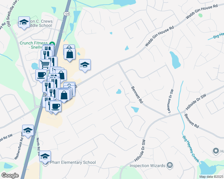 map of restaurants, bars, coffee shops, grocery stores, and more near 1280 Gin House Lane in Lawrenceville